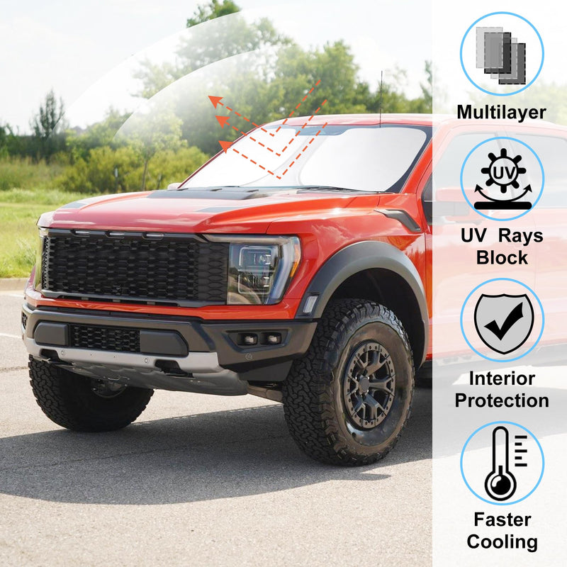 Windshield Sun Shade Compatible with 2021-2024 2025 2026 Ford F150 F-150 (Lariat, King Ranch, Platinum, XL XLT Limited Raptor) Accessories Sunshade Shield Protector Fit Ford F150 2021-2026
