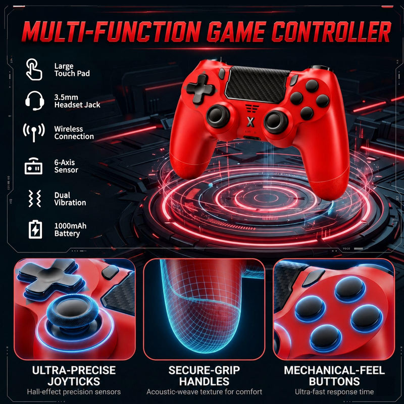 BJXOZ Wireless Controller for PS4 Controller, Gamepad with Dual Vibration | 1000mAh, Six-axis Gyroscope Sensor, USB-C Port, Speaker, 3.5mm Headphone Jack, Touchpad, Compatible with PS4/Slim/Pro/PC Red