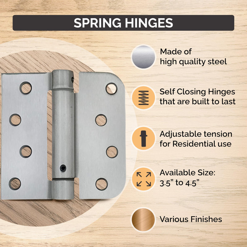 Hinge Outlet 4.5 Inch Square Spring Hinges – Commercial Grade, Adjustable Self-Closing Door Hinges for Quiet, Secure Closing (Satin Chrome, 2 Pack) Satin Chrome