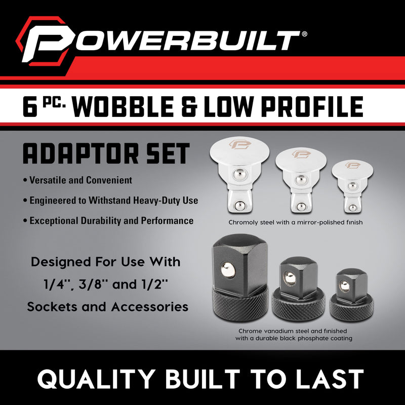Powerbuilt 6 Piece Wrench Wobble Adapter and Low Profile Socket Adapter Set, Sockets to Combination Wrench, Interchangeable 1/4 Inch, 3/8 Inch, 1/2 Inch Drive, Designed to Fit Tight Spaces - 643050ECE 6 Piece Low Profile