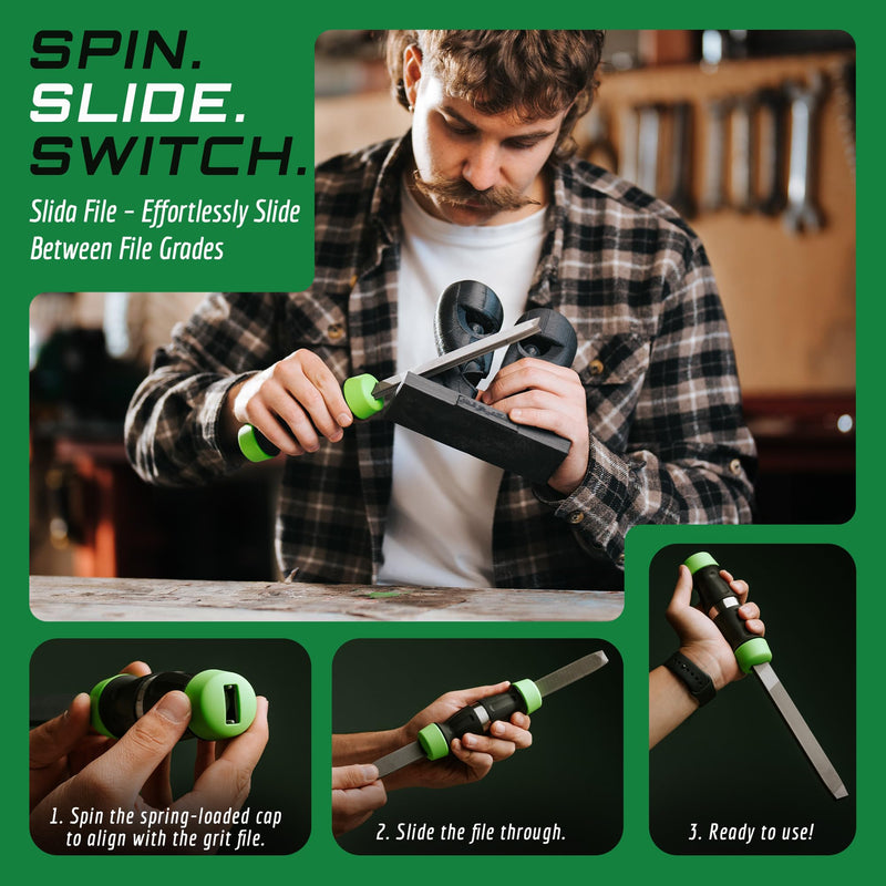 Slida File 4-in-1 Metal File Tool – Bastard, Smooth, Double & Second Cut | Sharpens knives, deburrs metal, shapes plastic & aluminum, removes rust — quick-swap grades, fits most toolboxes Black-green