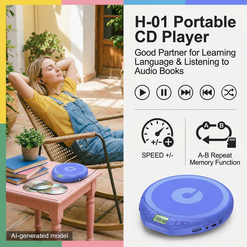 Portable CD Player with Earphones,Personal CD Discman Player | for Home Car with Anti-Skip Shockproof Protection, Small CD Player with LCD Display for Music Lovers Blue