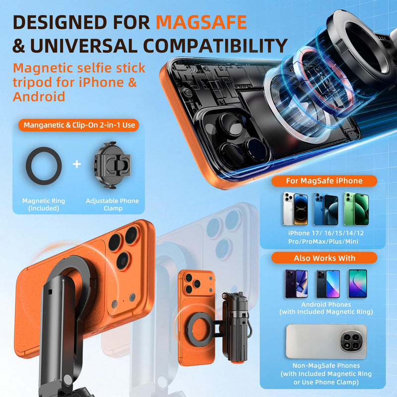 Upgrade 19" Mini Magnetic Selfie Stick Tripod for iPhone MagSafe & Android, Auto-Open Pocket Size Phone Tripod with Remote, 360° Rotatable Portable Selfie Stick for Video Recording & Travel