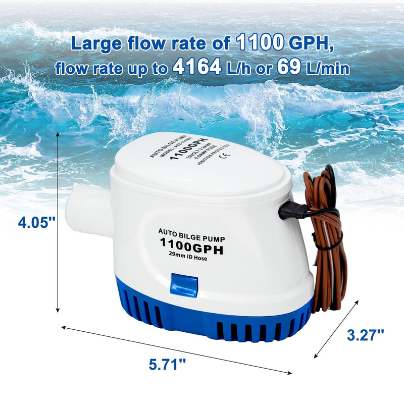Sanuke 1100GPH Automatic Bilge Pump 12V, Submersible Auto Water Pump with Built-in Float Switch, 29mm (1-1/8") Outlet, Marine Bilge Pump for Boats, Ponds, Pools, Caravan RV | Self-operated Bilge Pumps for Boats, Built-in Float Switch, Low Noise, Electr...