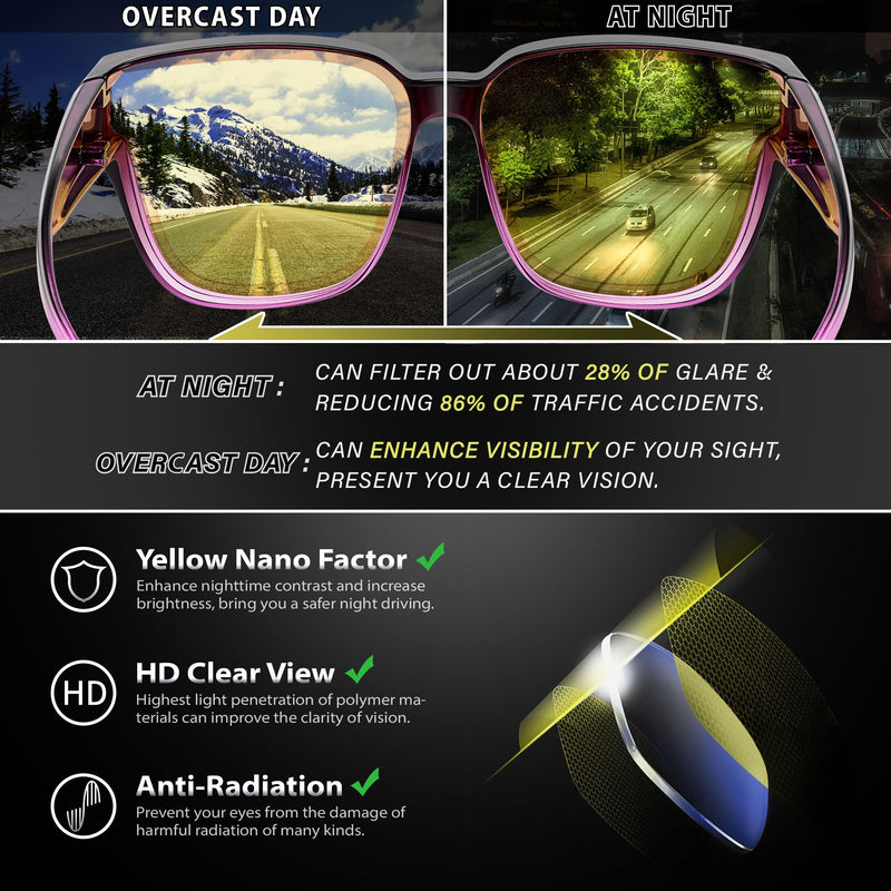 Oversized Polarized Night Driving Glasses Fit Over Glasses Unisex | Oversized Polarized Night Vision Lenses, Anti Glare Yellow Fit Over Prescription Glasses, Ideal for Night Driving B05 Gradient Purple Frame/Night Vision Lens