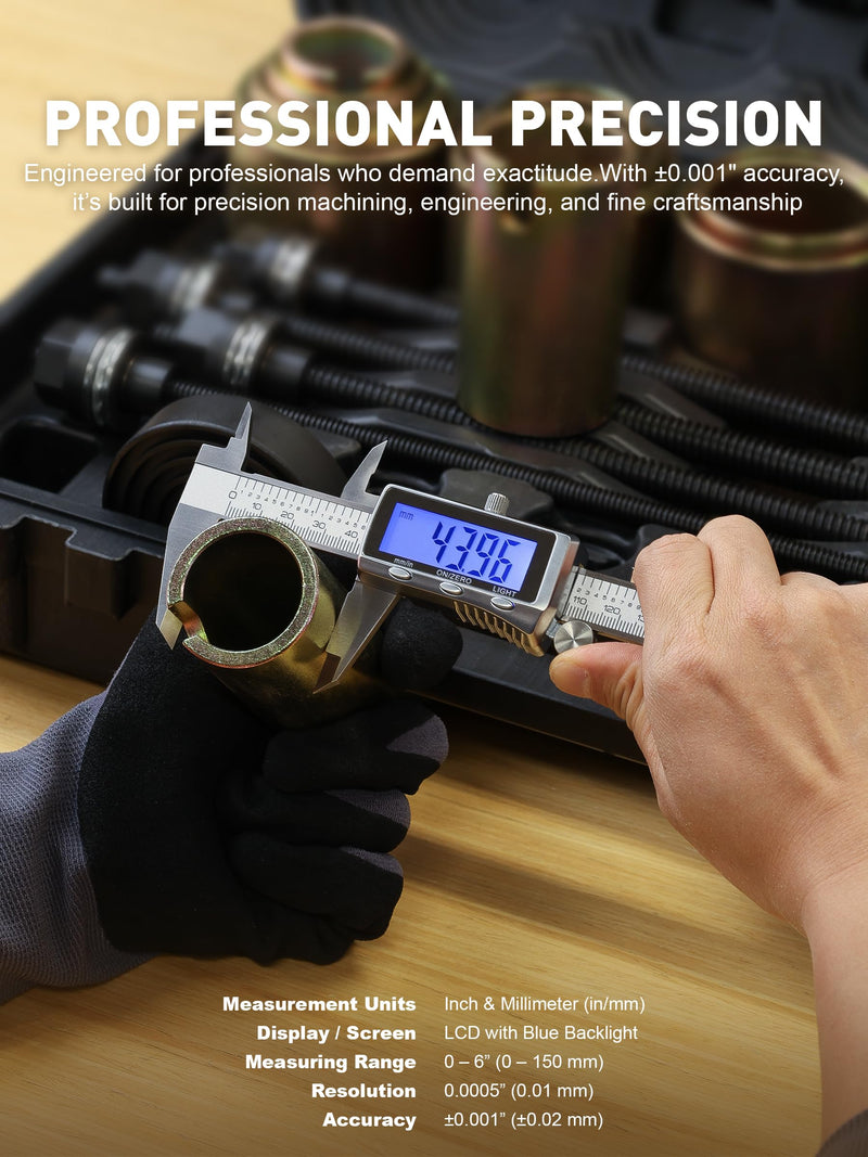 6'' Rechargeable Digital Caliper, All Metal & Long Lasting Design | Digital Vernier Caliper Measuring Tool with 0.001'' Accuracy, LCD Backlight Screen, Fast Type-C Charging & Auto-Off Design