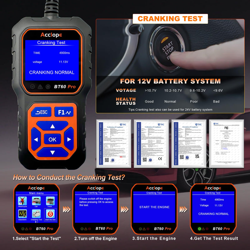  [AUSTRALIA] - BT60 Pro Acclope Car Battery Tester with Cloud Printing 100-3000 CCA 6V 12V 24V AGM Lithium Gel Battery Checker Automotive Alternator Digital Analyzer Charging Cranking System Vehicles Truck Home-use