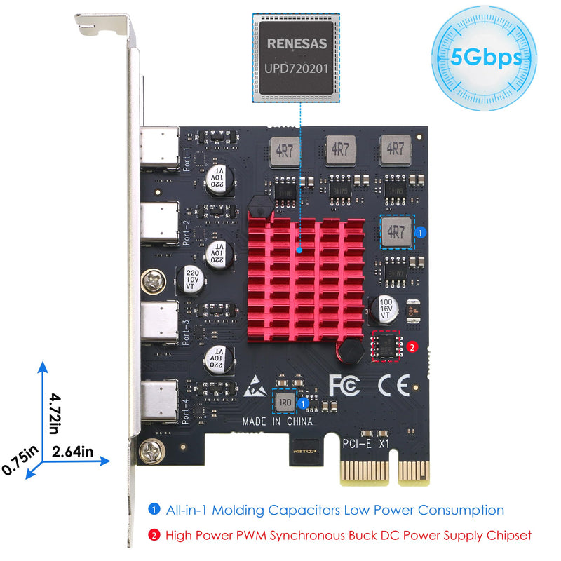 USB C PCIe Card, RIITOP PCIe x1 to 4Ports USB 3.2 Gen1 Type-C Expansion Adapter (No Additional Power Required)