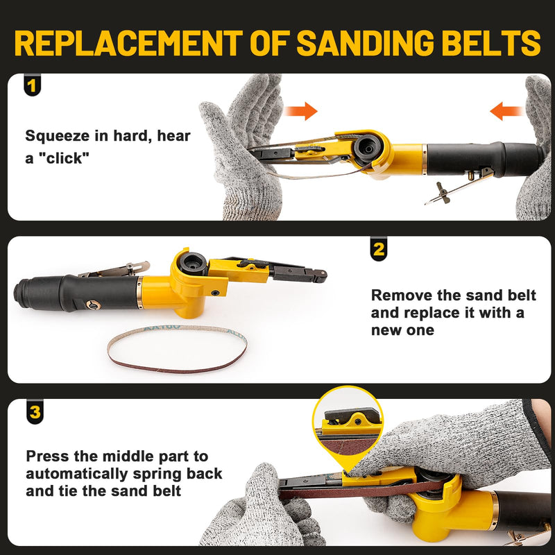 3/8" Pneumatic Belt Sander Set - 14pcs Belts, Grit 60/80/120, Mini Air Belt Grinder for Aluminium, Iron, Steel Metal Polishing