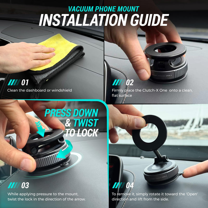 Clutch-X™ Black – Vacuum Phone Mount Suction Cup Car Phone Holder for iPhone, Window Phone Mount for Travel, 360° Vacuum Magnetic Phone Holder for Car, Magnetic Phone Holder with Suction Cup