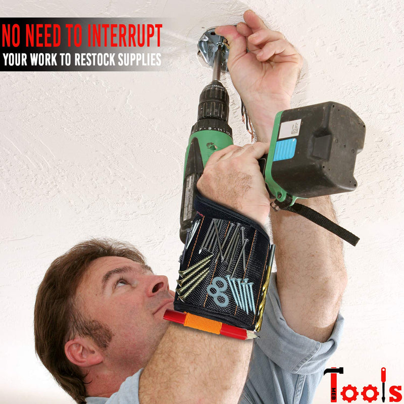 2 Magnetic Wristbands with Flashlight and Tape Measure – Screw, Drill Bit, and Nail Holder with 20 Strong Magnet Pieces Increases Convenience for DIY, Carpenters, Mechanics, and More by MEBTOOLS Adjustable Orange+black