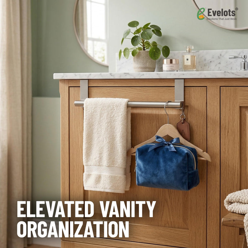 Evelots Towel Hook, Bar Over Cabinet Door - Kitchen, Bathroom - 2 Pack- Hand, Dish Towel Rack Holder - Inside or Outside Door - Brushed Stainless Steel - No Rust - No Scratch - No Installation Set of 2