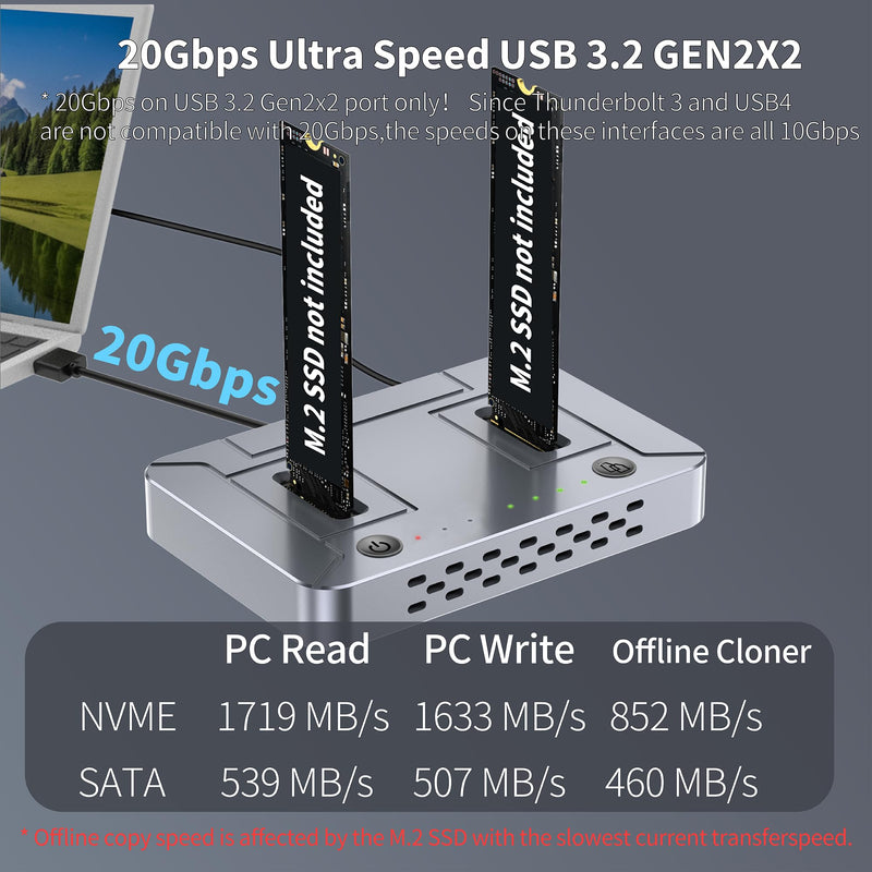 M.2 SSD Duplicator Dock, 20Gbps USB C Dual Bay Cloner, Aluminum Alloy Housing with Cooling Fan, Offline Clone/Data Transfer for NVMe SATA M.2 2230/2242/2260/2280 SSD