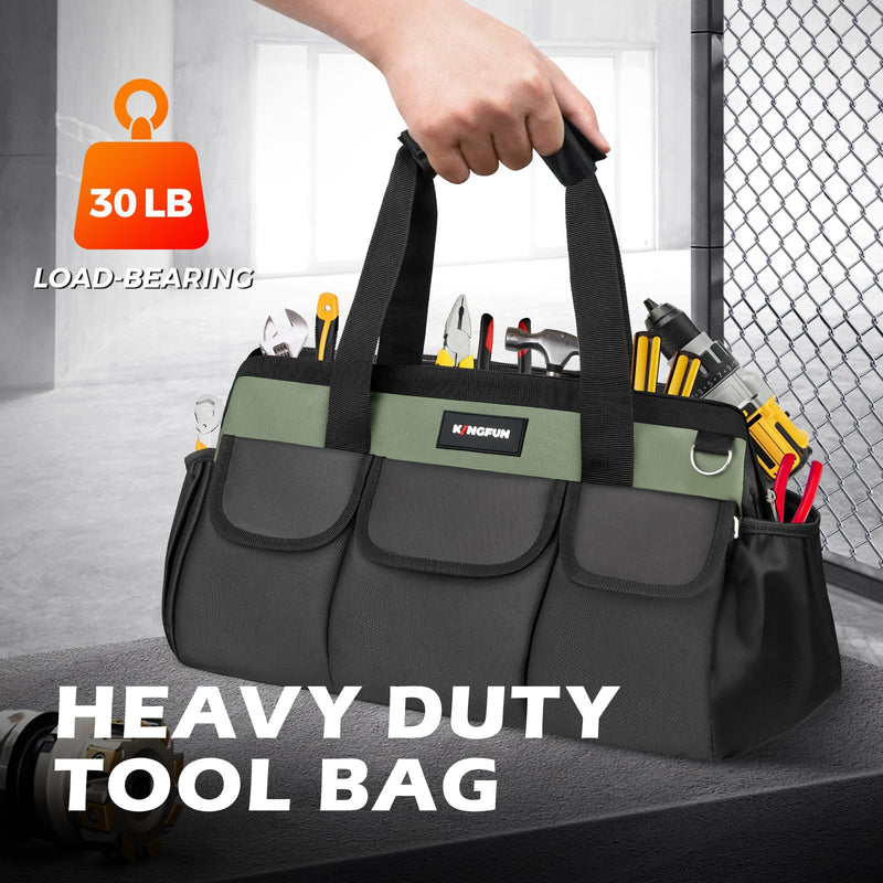 Kingfun 16 Inch Heavy Duty Wide Mouth Tool Bag with 14 Pockets | Adjustable Shoulder Strap & Padded Handle, Durable Tool Storage Bag for Electricians, Mechanics & more (Green) Green