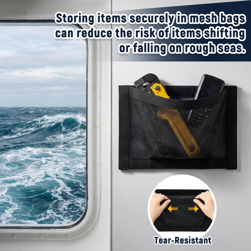 4 Pcs 10" x 7" Self-Adhesive Boat Storage Mesh Bag, Tear Resistant Waterproof Boat Storage Accessories, Sailboat Pontoonboat Caddy Organizer for Tackle, Tools, Gear, Gloves Small Items