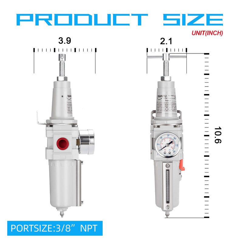 NANPU 3/8" NPT High Pressure Air Filter/Regulator Combo, T-Handle, Semi-Auto Drain, 0-300 Gauge, Metal Bowl (3/8" NPT)