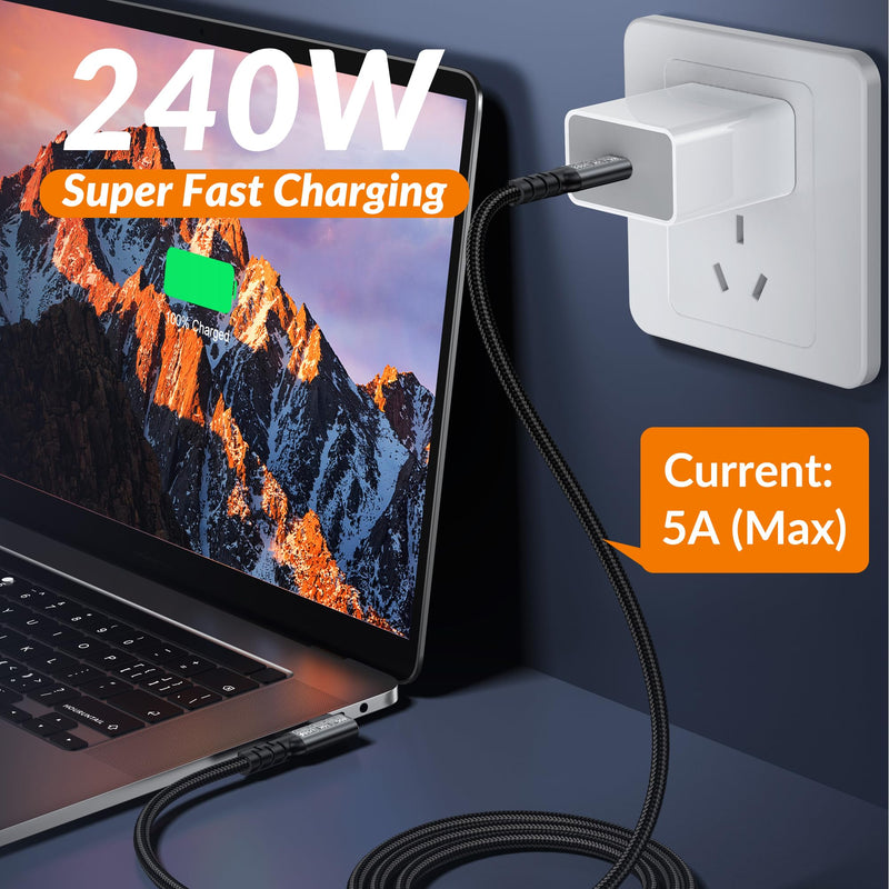 Thunderbolt 5/4/3 Cable Right Angle 4ft 1.2M,90Degree USB 4 Type C to C Compatible 80Gbps Braided Data High Speed,120Gbps Bandwidth for 16K/Dual 8K PD3.1 240W Charging iPhone,MacBook,Hub,Docking-Black Black