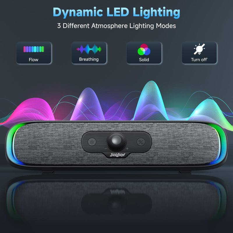 SOULION R200 Bluetooth Computer Speakers, Compact PC Speakers, USB C/USB Plug & Play Desktop Speaker with Colorful LED Lights, Clear Sound PC Soundbar for Computer Desktop Laptop Monitor