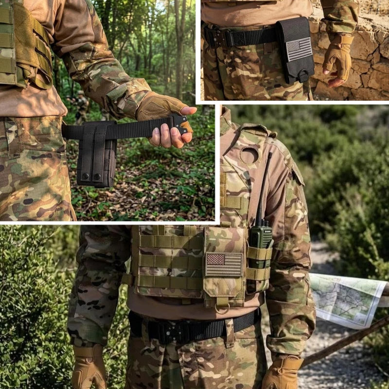 Molle Phone Pouch Tactical Phone Holster, Dual Cell Phone Holder Utility EDC Pouch for Duty Belt & Vest,Molle Accessories Gear with US Flag Patch (Fits 4"–6.9" Phones) (Black) Black