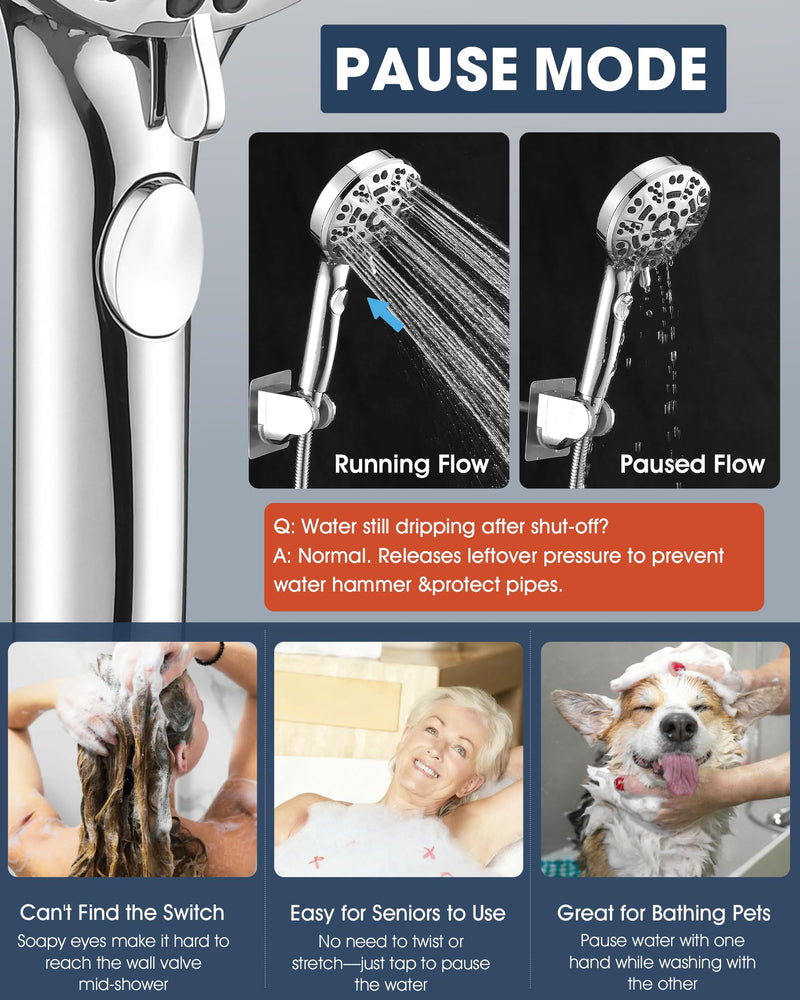 Handheld Shower Head with 6.56ft Extra Long Hose, On Off Switch 8-Seting High Preesure Hand Held Showerhead, Low-Reach Adhesive Holder for Kid, Disable& Elder (Chrome) Chrome