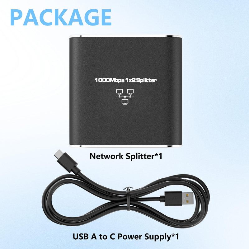 Ethernet Splitter 1 to 2 Out Adapter, High Speed RJ45 Splitter with USB Power Cable, Gigabit LAN Internet Distributor 1 to 2 Connector, 1000Mbps for Cat5/5e/6/7/8, 2 RJ45 Simultaneously Networking