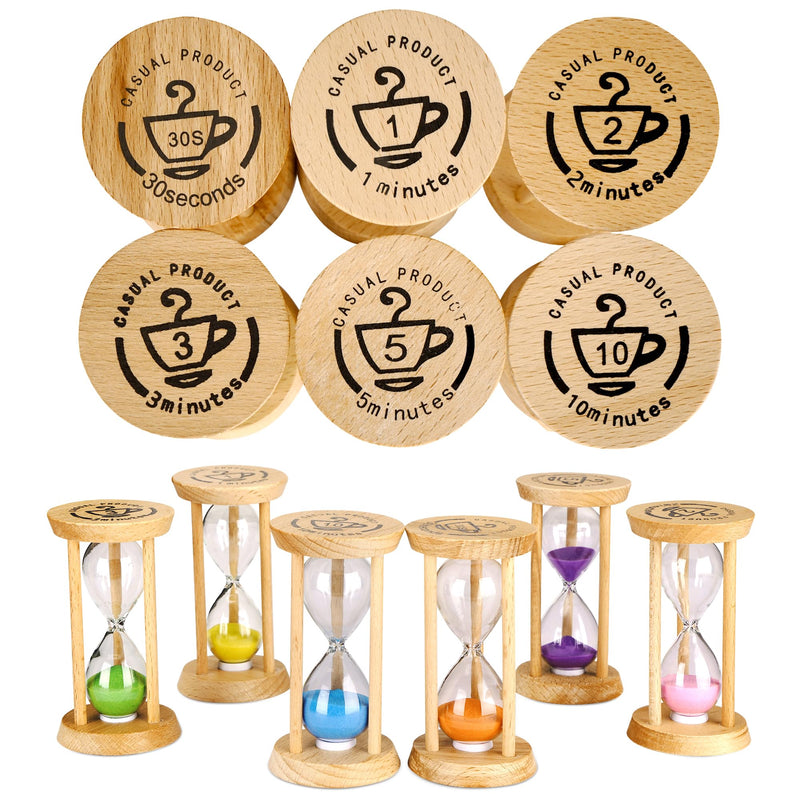 PROLOSO 6PCS Wood Frame Sand Timer Set 30sec/1/2/3/5/10mins Multicolor Hourglass Sandglass Clock Watch