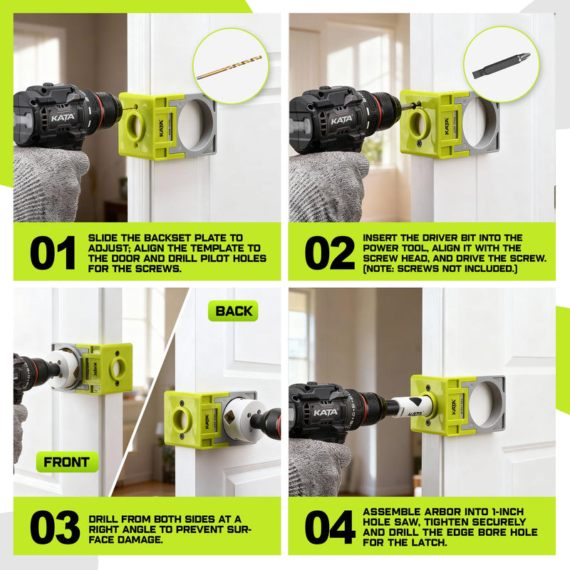 KATA Door Lock Installation Kit for Metal & Wood Doors, 1-3/8" to 1-3/4" Bi-Metal Hole Saw with Adjustable Guide Template, Installing Deadbolt and Knob, Extra Drill Bit & Screwdriver Bit Inclued Green/Grey