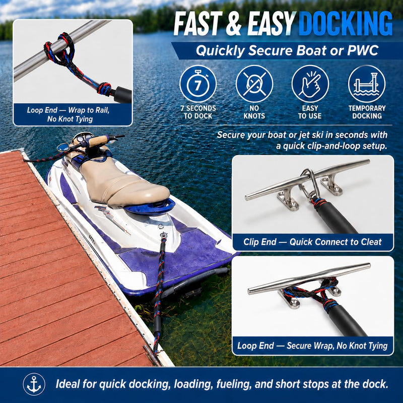 Boat Bungee Dock Lines with Clips - Shock-Absorbing Jet Ski Dock Line, PWC Accessories, Boat Mooring Line/Tie Downs for Bass Boat, Fishing Pontoon, Dinghy - 4Feet 1 Loop 1 Clip End Black Blue Red