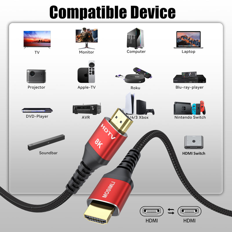 8K HDMI Cables 10 FT 4-Pack(Red, easy identification), HDMI 2.1 Gaming Cord, Support 8K@60Hz, 4K@120Hz, Dynamic HDR10+, SBTM, VRR, QFT, ALLM, 3D, HDCP 2.3 for PS5, Xbox, TV, PC, Monitor, Graphics Card Red 10FT