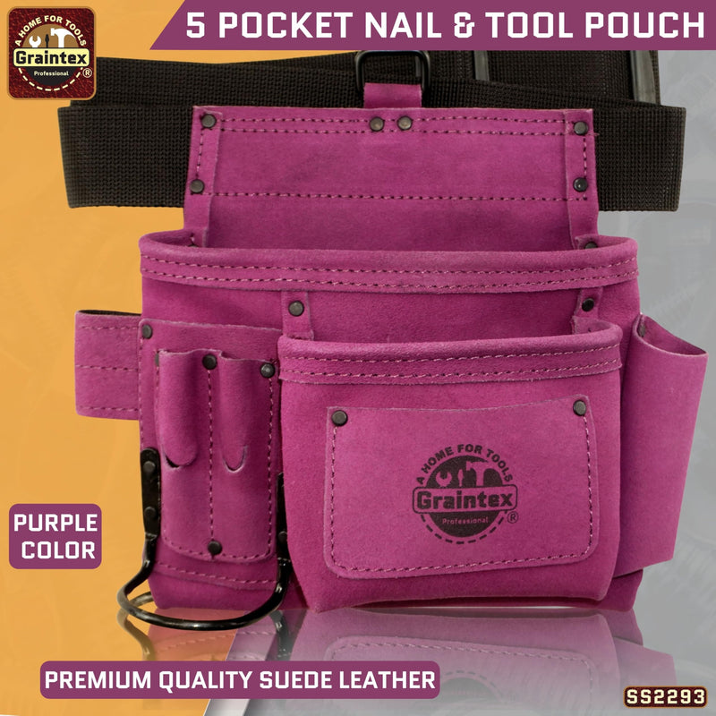 Graintex 5 Pocket Suede Leather Tool Belt/Bag | Purple | Multipurpose Leather Tool Belt for Women and Men | Construction, Electrician, Handymen, Carpenter, Gardening Pouch and DIY Projects