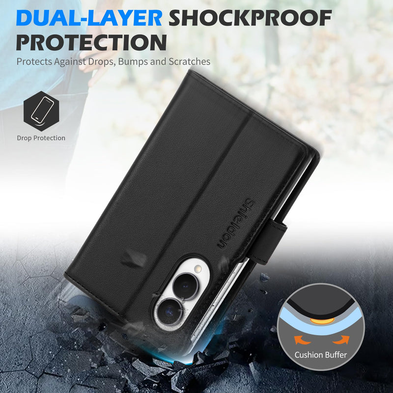 SHIELDON Genuine Leather Wallet Case for Galaxy Z Fold 8 (7.6" 2026), Black | Magnetic Closure, RFID Blocking, Credit Card Holder, Kickstand, Folio Design, Full Protection, Shockproof Phone Cover