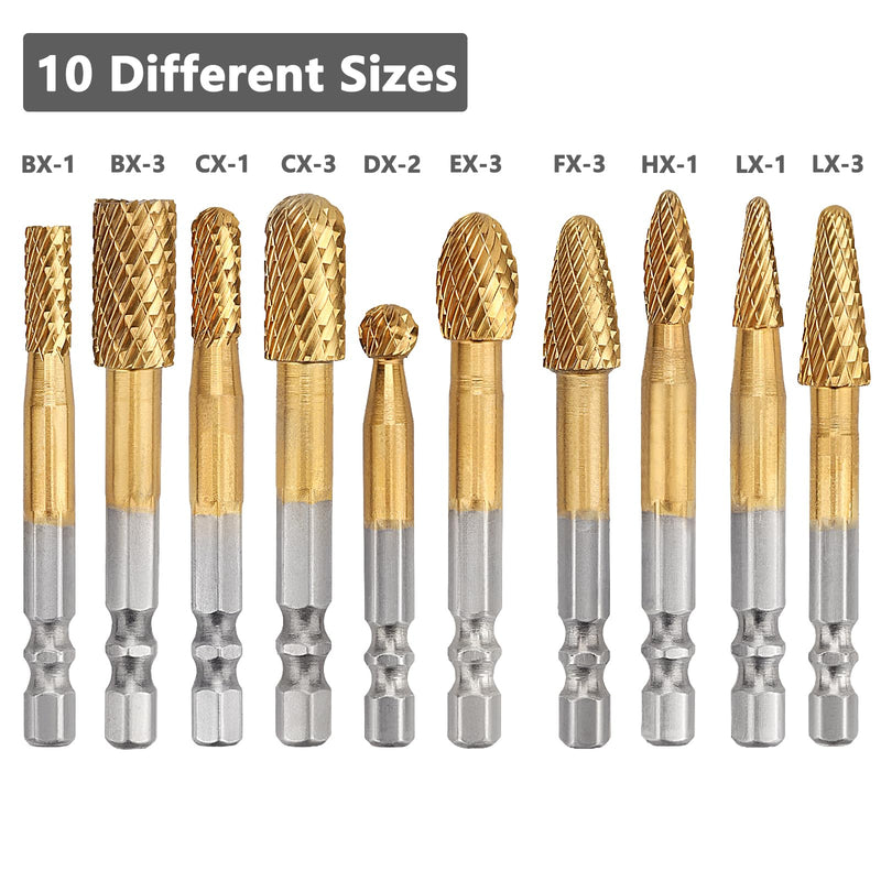 10 Pieces Set Carbide Burr Set with 1/4 inch Hex Shank,Double Cut Tungsten Carbide Rotary Burr Set for DIY Grinder Metal Wood Carving Engraving Polishing Drilling Grinding Milling Cutting 10 Pieces Set