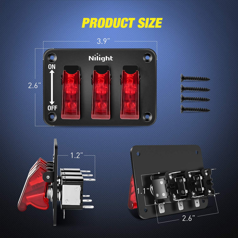 Nilight 3 Gang Toggle Switch 12V Rocker Switch Panel with LED Light and Flip Cover Heavy-Duty ON/Off Switch Plate 3 Pin SPST，2 Years Warranty Red 3 Gang