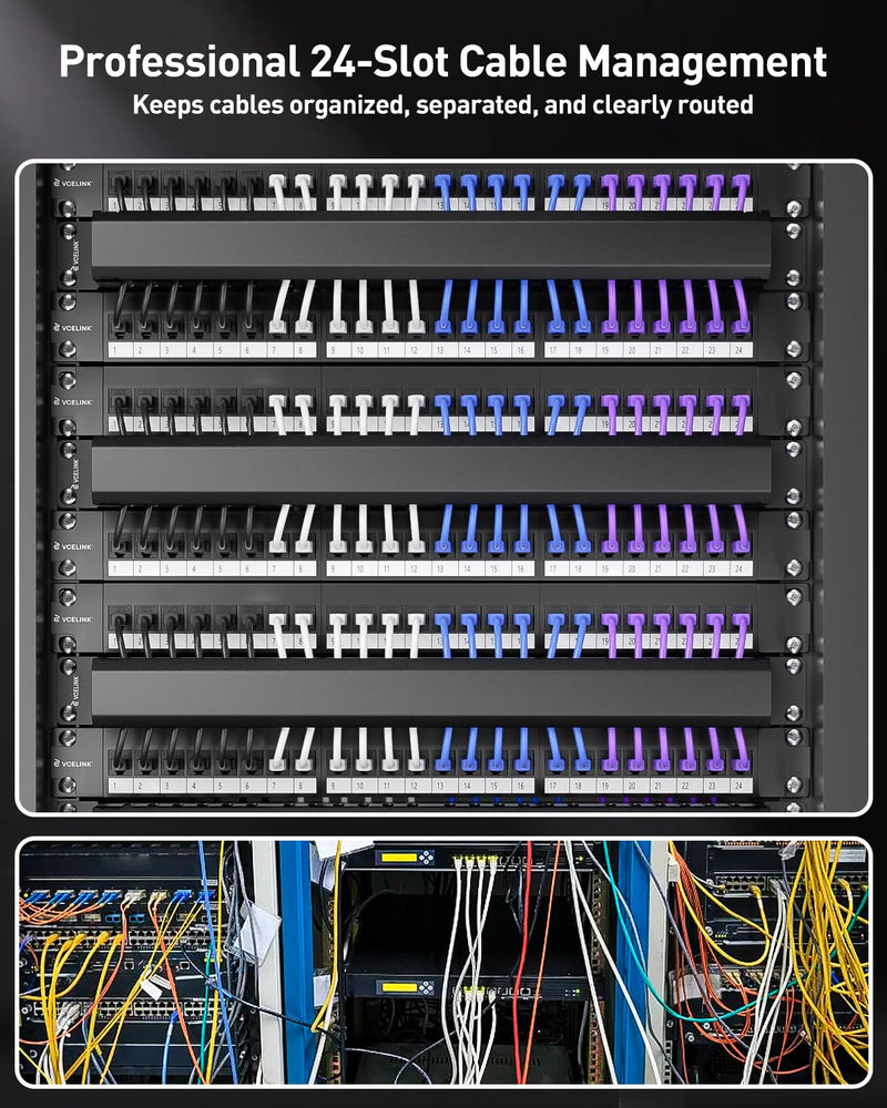 VCELINK 1U Server Rack Cable Management 24-Slot, 19" Carbon Steel Horizontal Network Cable Management for Network Cabinet, All-Metal Black 1 Pack 1 Pack of 1u 24-slot