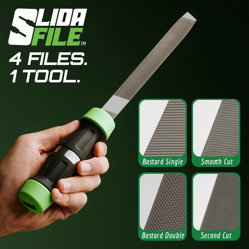 Slida File 4-in-1 Metal File Tool – Bastard, Smooth, Double & Second Cut | Sharpens knives, deburrs metal, shapes plastic & aluminum, removes rust — quick-swap grades, fits most toolboxes Black-green