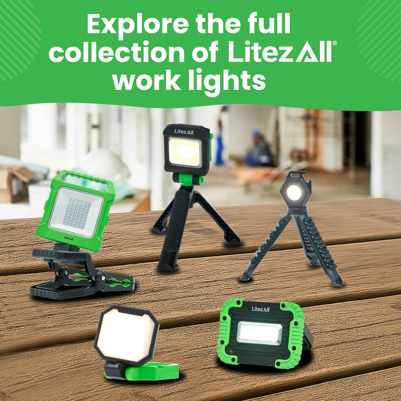LitezAll 2000 Lumen Rechargeable Work Light with Stand – Tripod Light, Tower Light, Work Lights on Stand with UV Mode, Adjustable Folding Base