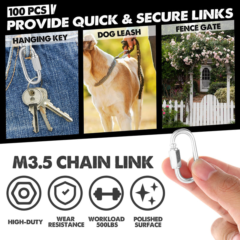Zonon 100 Pcs Quick Chain Link Heavy Duty Quick D Shape Link Galvanized Chain Connector Link for Safety Chains Hammock Gym Outdoor Traveling Equipment M3.5 Style