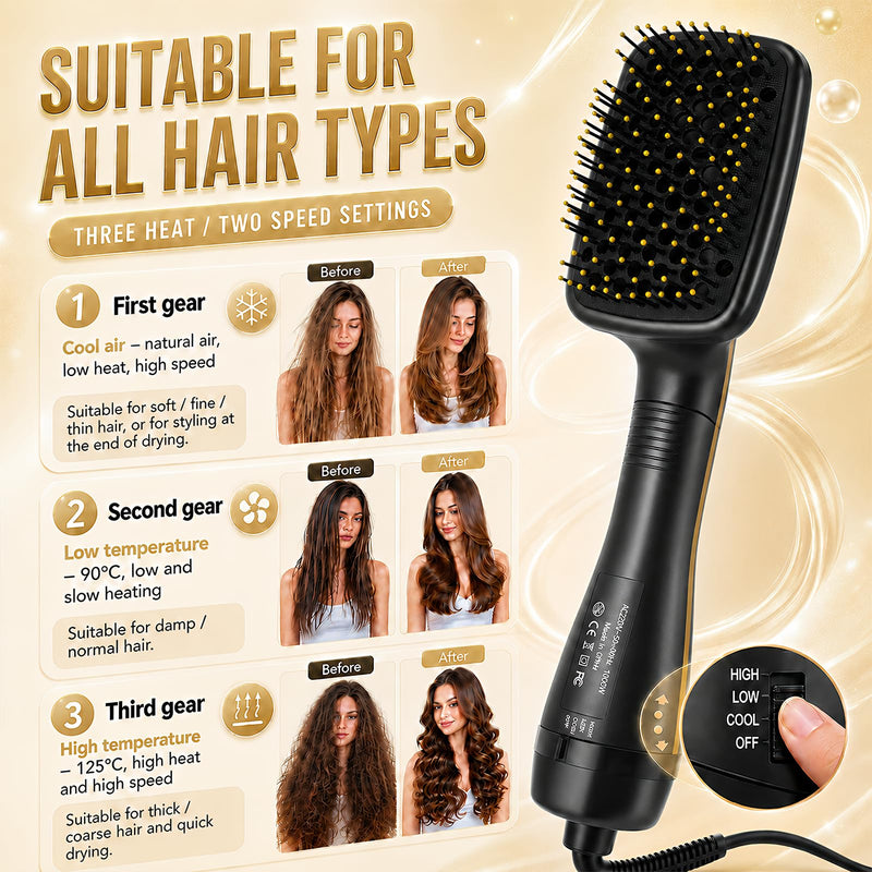 3 in 1 Hair Dryer Brush,Hot Air Styling Brush with Negative Ion,Hairdryer Straightener Comb for Frizz-Free Salon with 3 Heat/2 Speed Settings,One Step Hair Dryer and Styler for All Hair Types