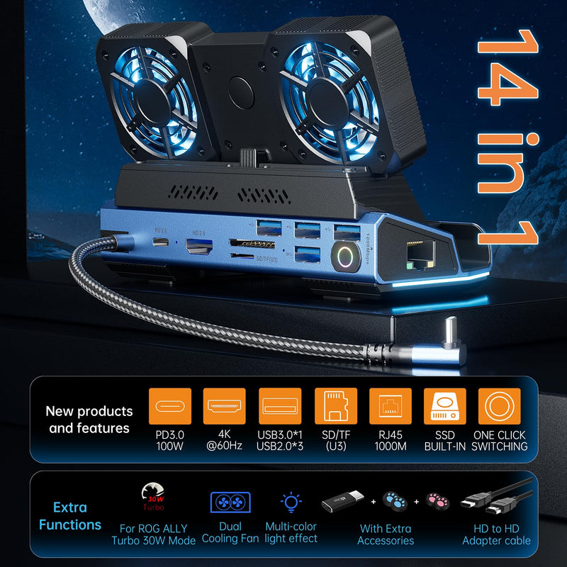 Docking Staion for Steam Deck/ROG Ally/Legion Go,14 in 1 Double Fan Steam Deck Dock M.2 NVMe Expansion Slot. 1000Mbps Ethernet,3.0 PD100W Charging, HD 2.0 4K@60Hz. 4 USB Port. Slot Steam Deck Dock.