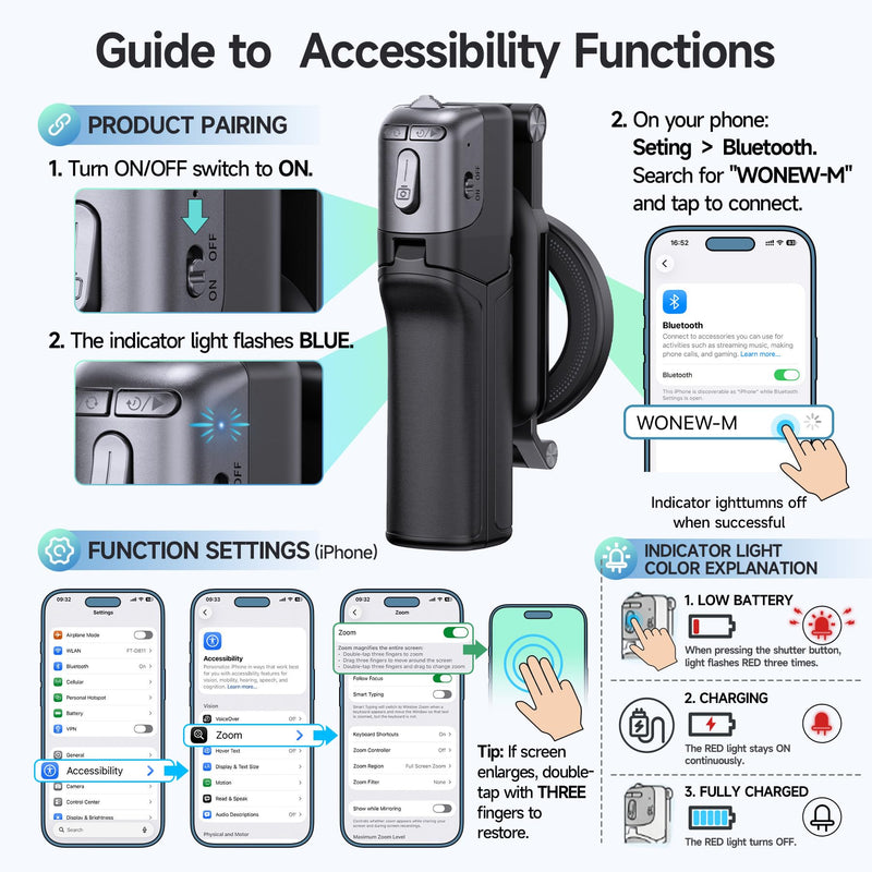 [3 in 1] Magnetic Phone Camera Shutter Grip, Extendable Selfie Stick & Tripod Portable for Magsafe iPhone & Android with Detachable Wireless Shutter Button Remote Control Ergonomic Handle - Black