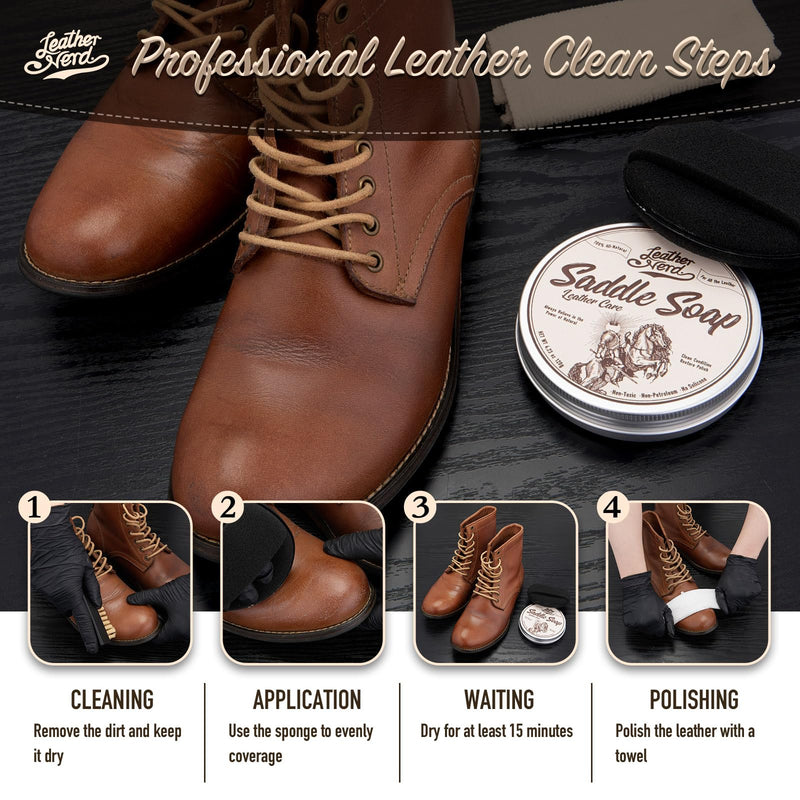 Saddle Soap for Leather, Leather Nerd Leather Cleaner Conditioner for Boots, 4.23 Oz with Sponge, All-Natural Protect Soften and Restore Shoes, Jackets, Purses, Gloves, Vinyl, and Leather Products
