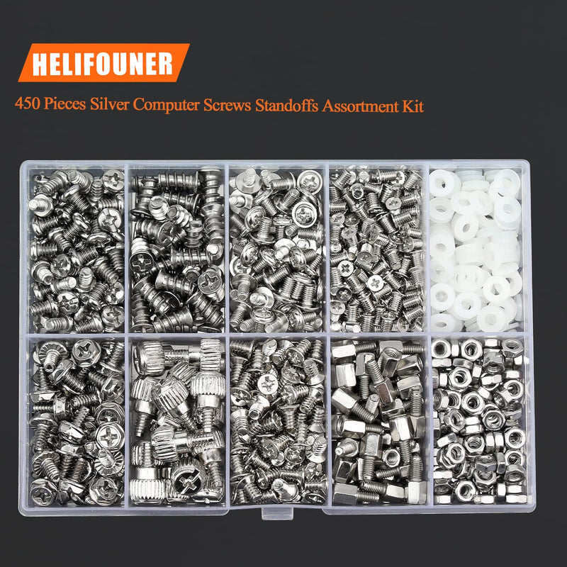 450 Pieces Computer Standoffs Screws Assortment Kit for 2.5" SSD, Hard Drive, Computer Case, Motherboard, Fan Power Graphics with Screwdriver, Silver