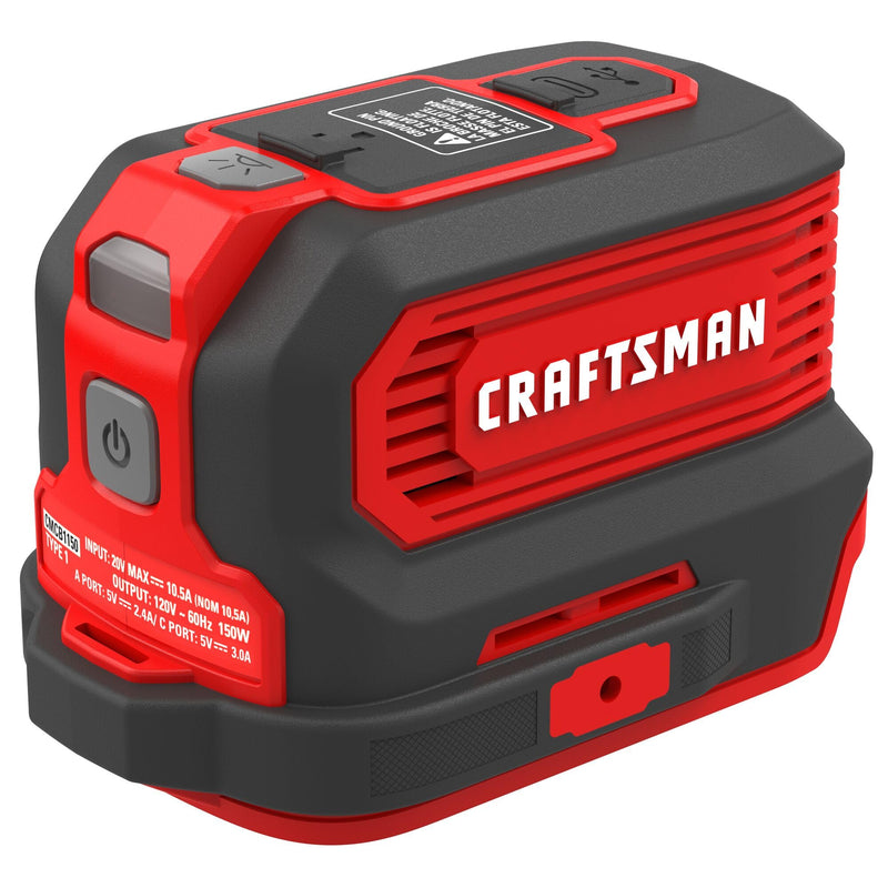 CRAFTSMAN V20 Charger, Power Inverter, Charging Ports for Type-C, Type-A, and AC, 150 Watts, Bare Tool Only (CMCB1150B)