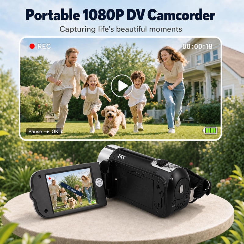 Portable Digital Camcorder Video Camera 1080P DV Camera Vlog Recorder | 2.7-inch LCD Screen 16x Digital Zoom and Built-in Battery with 32GB Card for Teens Beginners(Black) Black