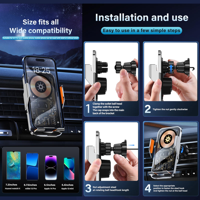 Car Phone Holder Charger Wireless Cell Phone Car Mount - 15W Fast Charging Auto-Clamping Air Vent Car Phone Mount Charger for iPhone 16 Pro Max 16 15 14 13 12 Pro and Sumsung Galaxy Series Silver