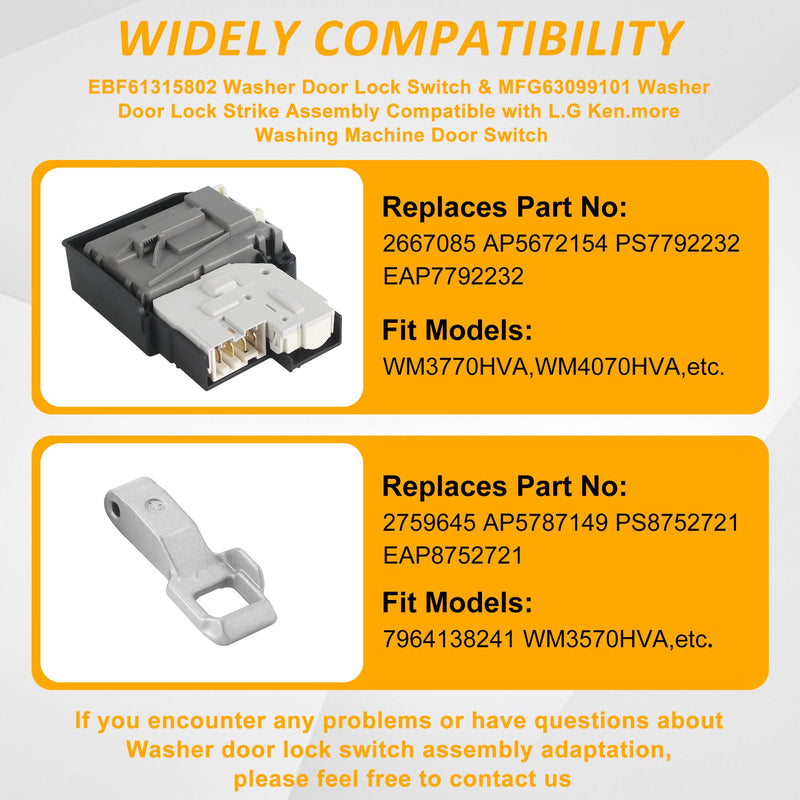 EBF61315802 Washer Door Lock Switch with MFG63099101 Strike for L.G Washer WM4000HWA WM3770HVA WM3080CW WM3670HVA WM3500CW WM8000HVA WM3600HVA by TOMOON