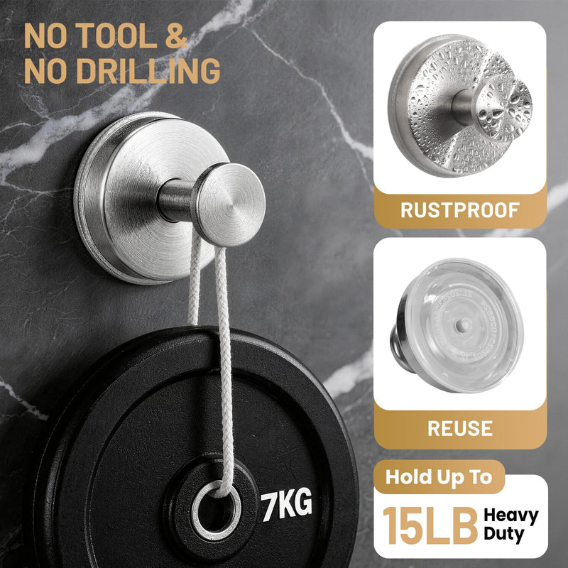 Large Suction Cup Hooks, Heavy Duty 15lb Holds Towel & Robe, No-Drill Shower Bathroom Hooks for Tile Wall Glass Mirror, Mounts on Smooth Non-Porous Surfaces (2 Pack, Brushed Nickel) 2