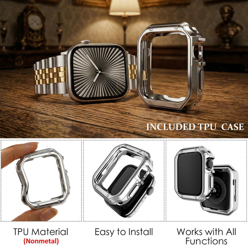 Metal Band with Case Compatible with Apple Watch 42mm Series 11/10, Stainless Steel Link Bracelet Strap with TPU Bumper Cover for Men Women, Gold Silvery+Gold 42mm(Series 11/10)