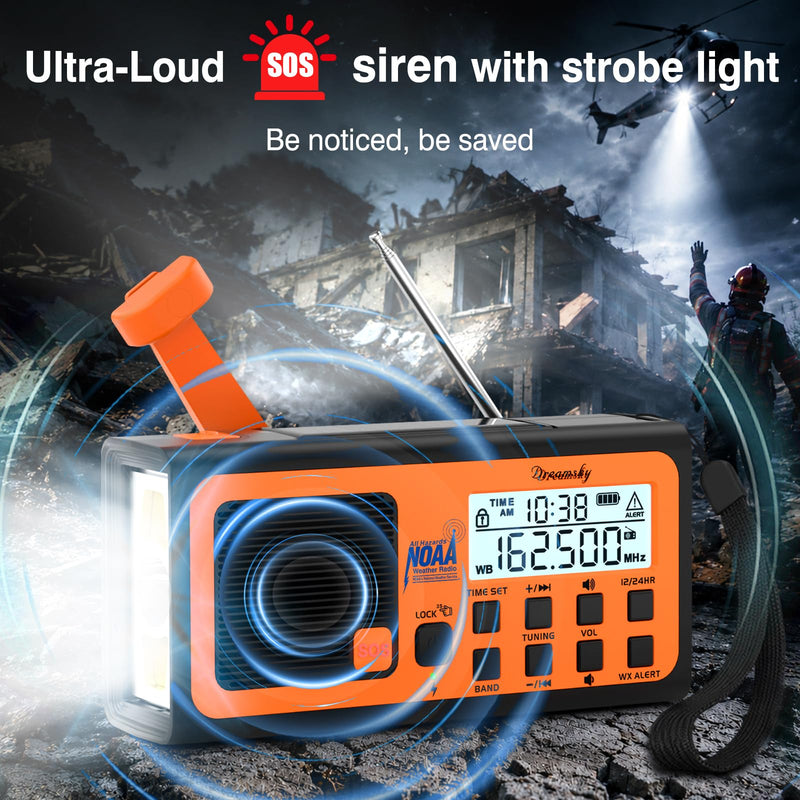 DreamSky Emergency Radio NOAA Weather Alert with Hand Crank | Radio Portable AM FM SW, 18500mWh Rechargeable Battery Operated, Solar Powered, SOS Alarm, Flashlight, Reading Lamp, USB Port Orange