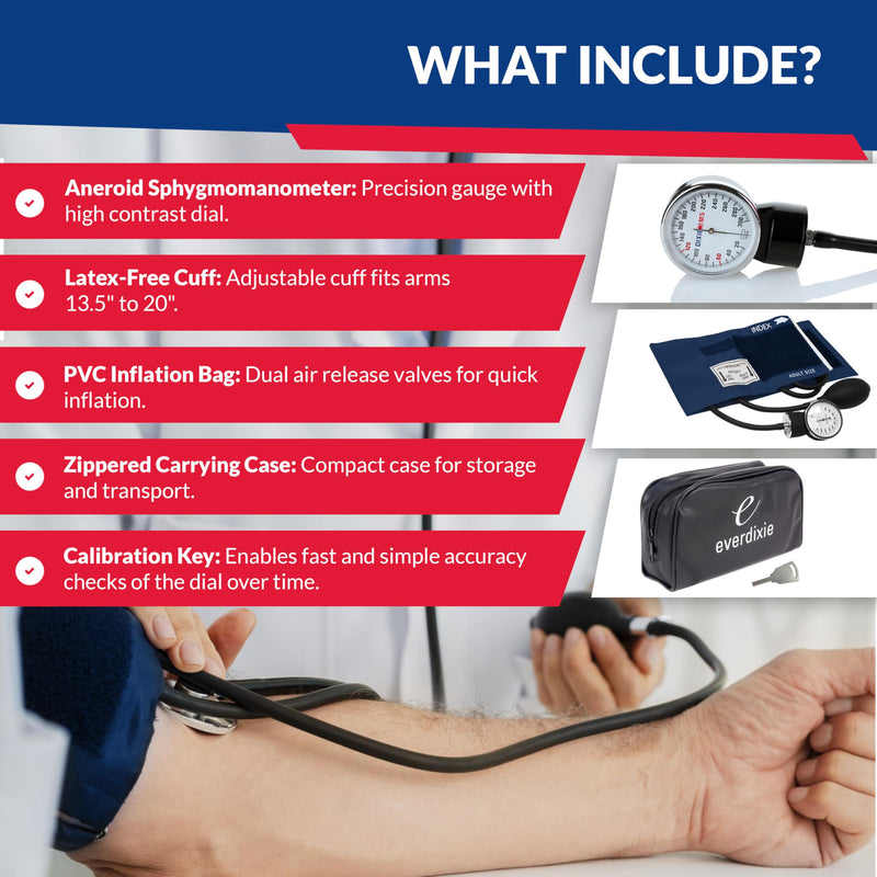 Dixie EMS Aneroid Sphygmomanometer, Manual Blood Pressure Monitor with Cuff, Carrying Case and Calibration Key - Size (13.5” – 20”) Large Adult